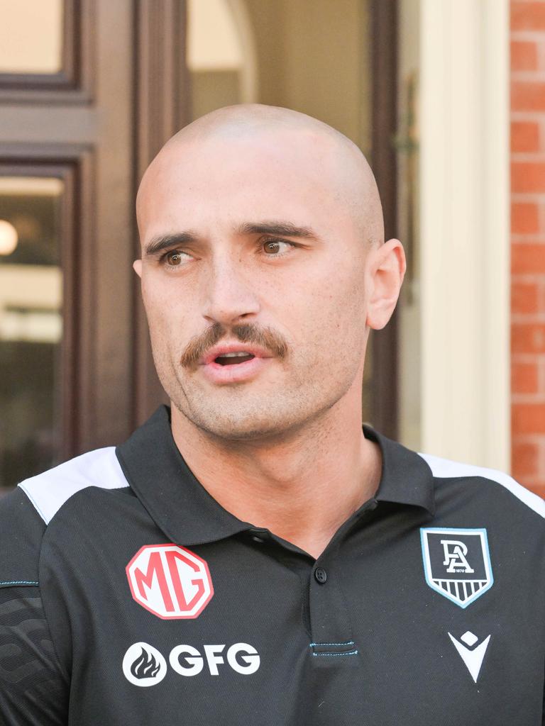 Port Adelaide football player Sam Powell-Pepper outside his lawyers office after a tribunal hearing where he was charged with a high bump on Adelaide player Mark Keane. Picture: NCA NewsWire / Brenton Edwards