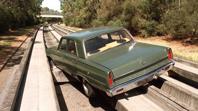 In 1997 the driver of this Valiant discovered that ending up on the O-Bahn is no laughing matter. “I could have been killed,” she said at the time. Photo: Steve Morenos/The Advertiser.