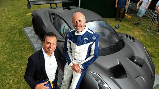 Premier Steven Marshall and David Brabham with a Brabham BT62 at the Adelaide Motorsport Festival at Victoria Park. Picture: Tom Huntley