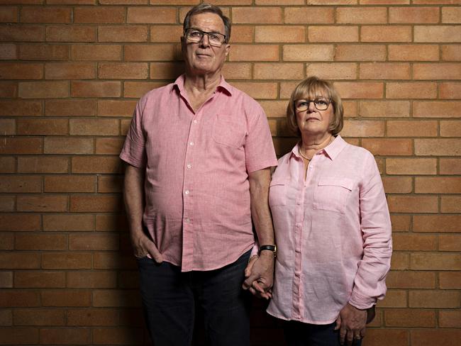 (LR) Lyn Dawson's brother Greg Simms and his wife Merilyn at their daughters home in Neutral Bay the day before Chris Dawson's verdict is announced. Picture: Adam Yip