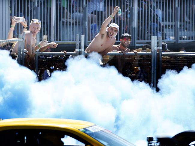 The start of the Burnout competition always brings out the best in a few young men. The Burnout competition at the festival. The annual Street Machine Summernats Car Festival began in Canberra with thousands of car enthusiasts expected to attend the event over the four days. Picture: Gary Ramage/ News Corp Australia