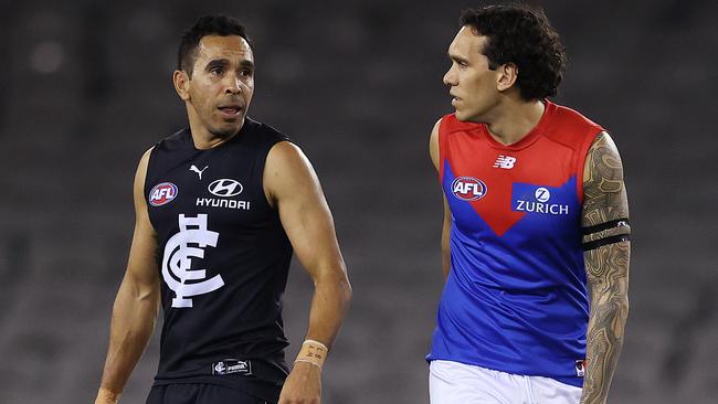 Eddie Betts and Harley Bennell have a chat at Marvel Stadium. Picture: Michael Klein