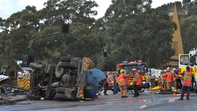 The crash invoving trucks and cars at the bottom of the South Eastern freeway which left two people dead. Picture: Roger Wyman