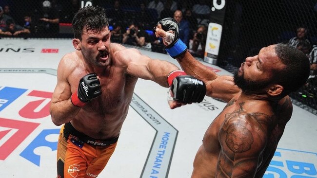 Rob Wilkinson lands a heavy blow on the chin of Thiago Santos during his unanimous decision victory in April in Las Vegas. Pic: Professional Fighters League