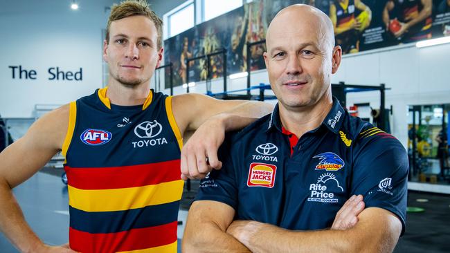 Crows coach Matthew Nicks (right) with captain Jordan Dawson after his contract extension. Picture: Mark Brake