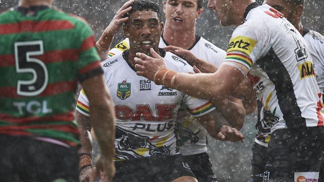 Sione Katoa celebrates scoring a try for the Panthers. Picture: Getty Images