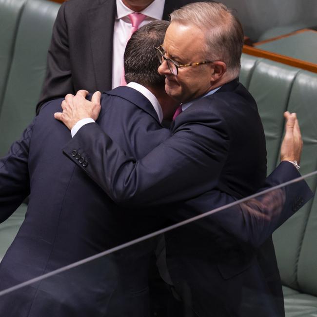 Prime Minister Anthony Albanese (right) congratulates Treasurer Jim Chalmers after he delivered his budget on Tuesday night. Picture: Martin Ollman/Getty Images