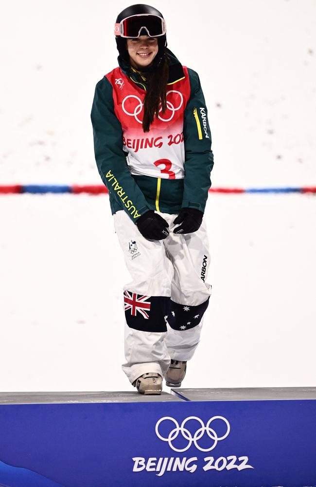 Gold medallist Australia's Jakara Anthony poses on the podium during the venue ceremony after the freestyle skiing women's moguls final. Picture: AFP