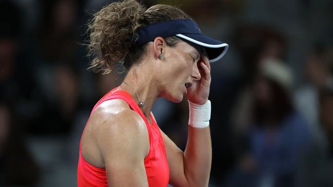 Australia’s Samantha Stosur reacts after a point against Caty McNally in the opening round of the Australian Open. Picture: AFP