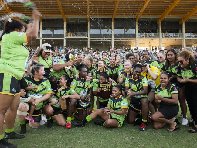 Palmerston Raiders women celebrate their 2021 NRL NT title. Picture: Patch Clapp