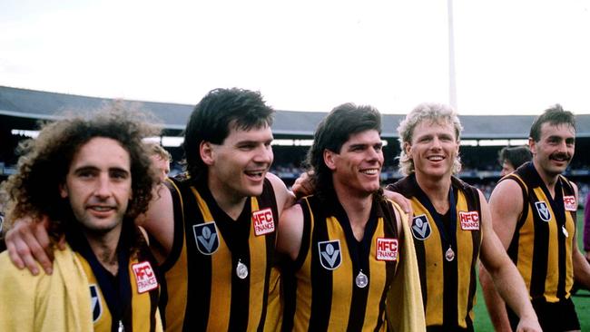 John Platten, Jason Dunstall, Gary Ayres, Dermott Brereton and John Kennedy celebrate their 1986 VFL Grand Final win.