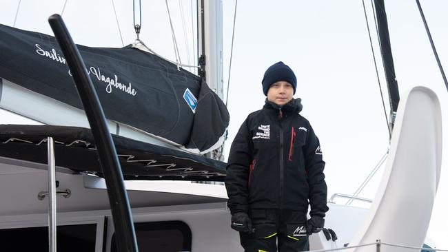 Swedish climate activist Greta Thunberg stands aboard the catamaran La Vagabonde as she sets sail to Europe in Hampton, Virginia. Picture: AFP