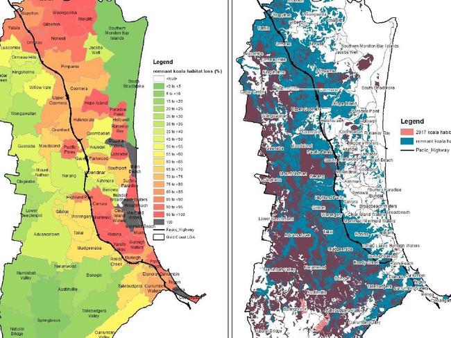 Where Koala habitat loss has occured on the Gold Coast.