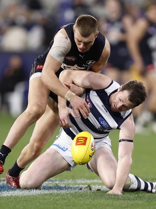 Patrick Cripps and Patrick Dangerfield go head-to-head at the MCG. Picture: Darrian Traynor/Getty Images