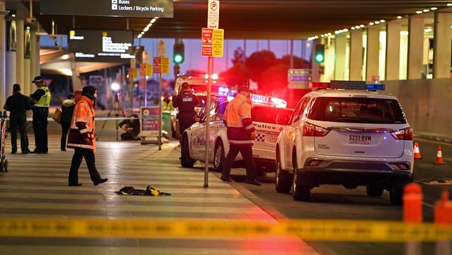 Four people were taken to hospital after the car crashed into pedestrians at Adelaide Airport. Picture: Tom Huntley