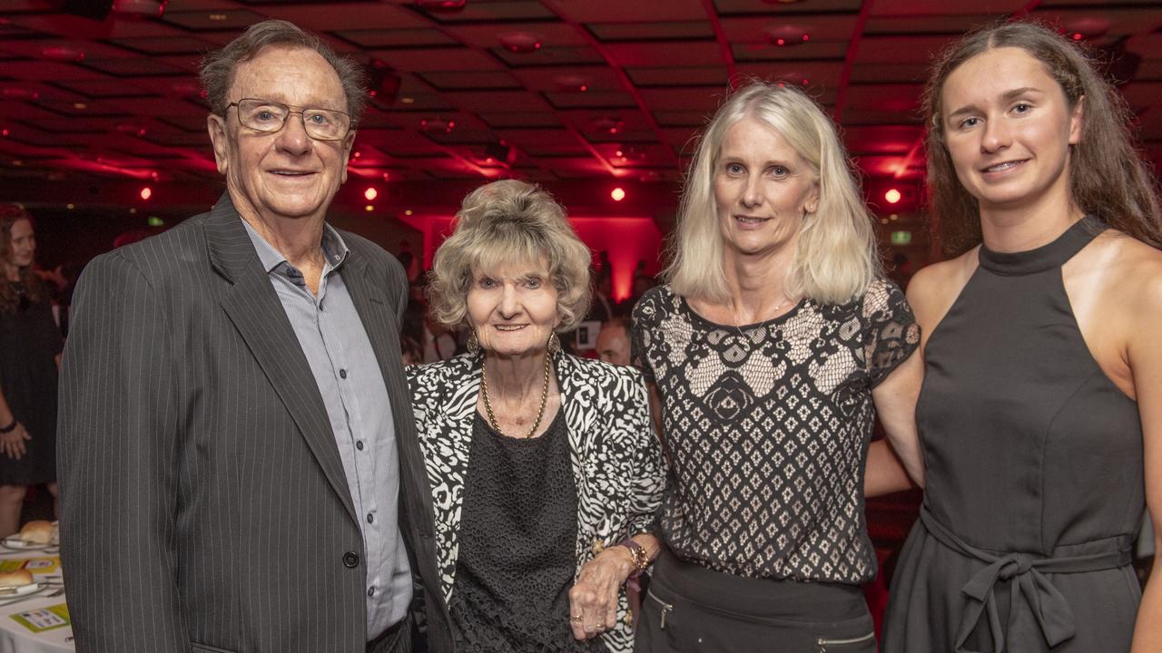 (from left) Bob Ford, Val Ford, Lisa Ford and Sienna Deurloo. Sports Darling Downs Sports Stars of the Year dinner. Saturday, February 11, 2023. Picture: Nev Madsen.