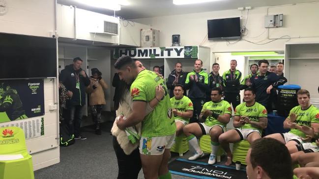 Canberra Raiders' rookie receives first NRL jersey from his Mum in emotional presentation