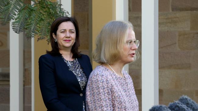 Dr Jeannette Young speaks during a media conference, with Premier Annastacia Palaszczuk. Picture: Steve Pohlner.