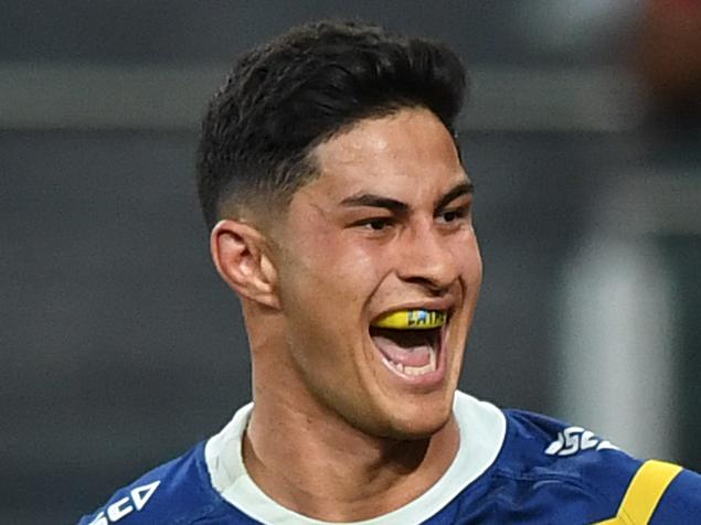 Dylan Brown of the Eels celebrates as he scores a try during the Second NRL Elimination Final between the Parramatta Eels and the Brisbane Broncos at Bankwest Stadium in Sydney, Sunday, September 15, 2019. (AAP Image/Joel Carrett) NO ARCHIVING, EDITORIAL USE ONLY