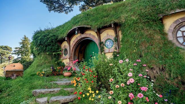 The Hobbiton movie set created for filming The Lord of the Rings and The Hobbit movies.