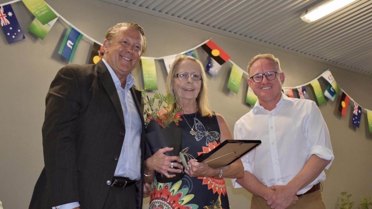 Byron Shire's Senior Citizen of the Year 2021, Pamela Wark, has taught at Mullum High for more than 45 years. She received her award from Australian Day Ambassador Brad Farmer (left) and NSW MLC Ben Franklin (right).