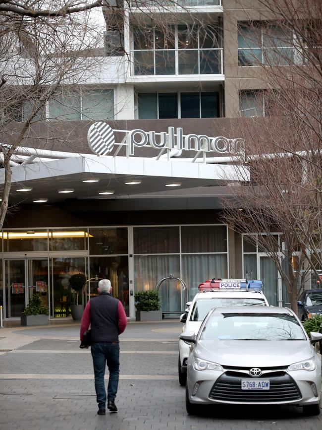 The Pullman Hotel on Hindmarsh Square is one of the Adelaide’s COVID-19 quarantine hotels. Picture: NCA NewsWire / Kelly Barnes