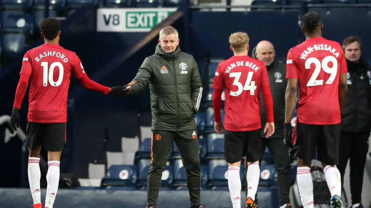 Ole Gunnar Solskjaer interacts with Marcus Rashford after the Premier League match between West Bromwich Albion and Manchester United. (Photo by Nick Potts – Pool/Getty Images)