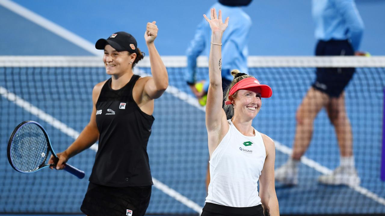 Storm Sanders (right) was back on the singles court and winning, after clinching a WTA 500 doubles title with Ash Barty on Sunday night. Picture: Getty Images