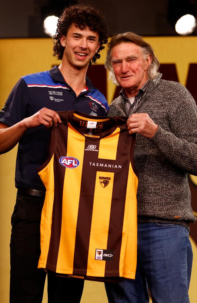 Hawthorn father-son prospect with club legend Michael Tuck. Picture: Michael Willson/AFL Photos