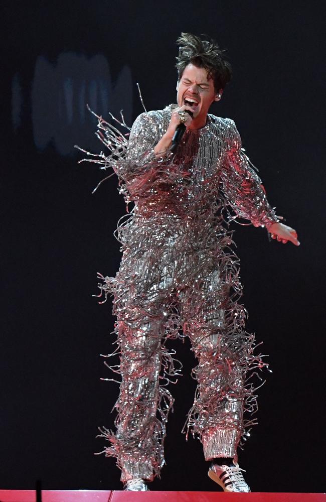 Harry Styles sporting his disco Chewbacca look for his Grammys performance of As It Was. Picture: AFP.