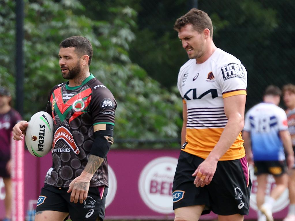 Adam Reynolds and Corey Oates, Brisbane Broncos training, Red Hill. Picture: Liam Kidston