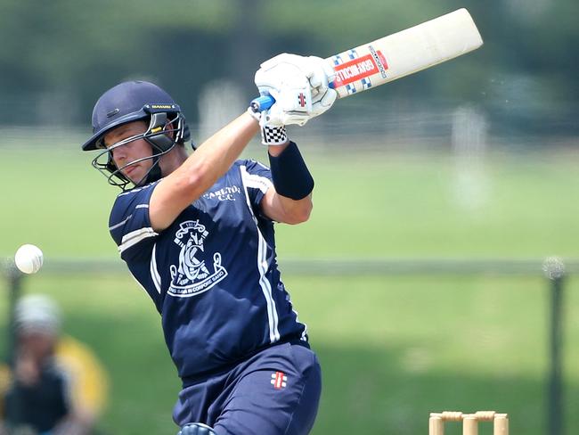 Evan Gulbis blasts off for Carlton in Premier Cricket. Picture: Sean Garnsworthy