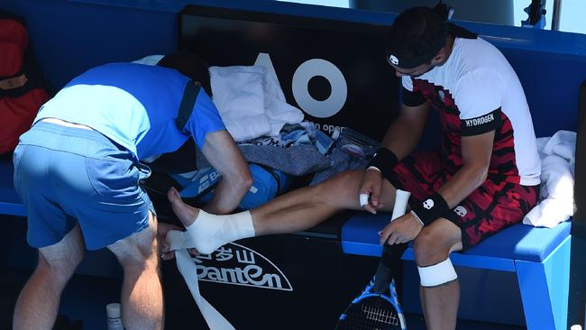 Bad boy Fabio Fognini battled an ankle injury during his clash with Berdych. Picture: AFP