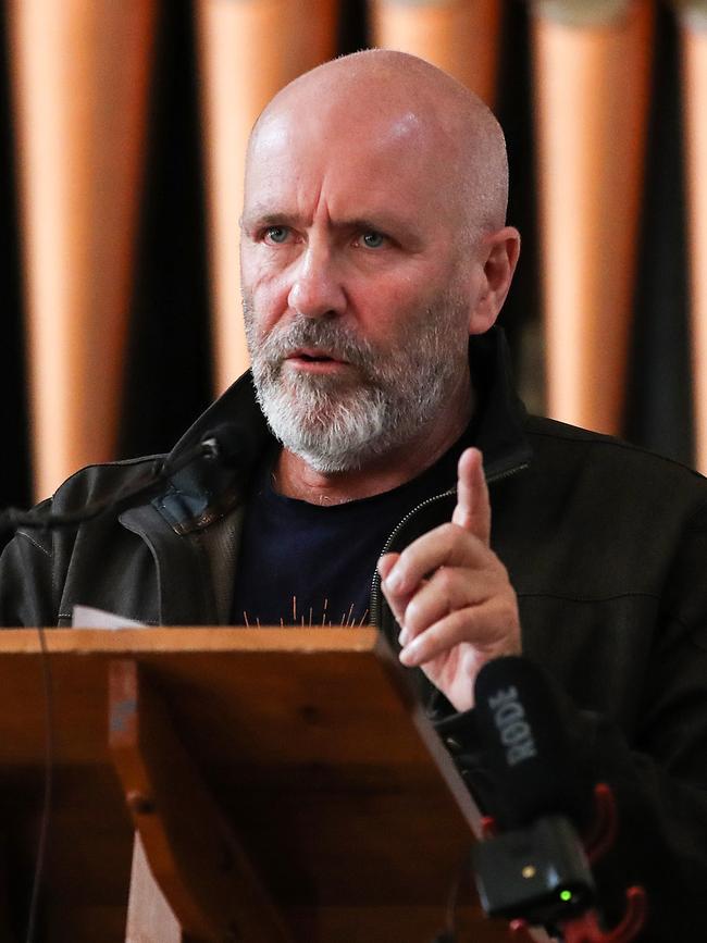 Richard Flanagan speaks at the Stop the Salmon Sea Grab public meeting at Town Hall. Picture: Zak Simmonds