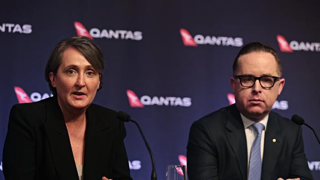 Qantas CFO Vanessa Hudson and CEO Alan Joyce speaking. Picture: Adam Yip