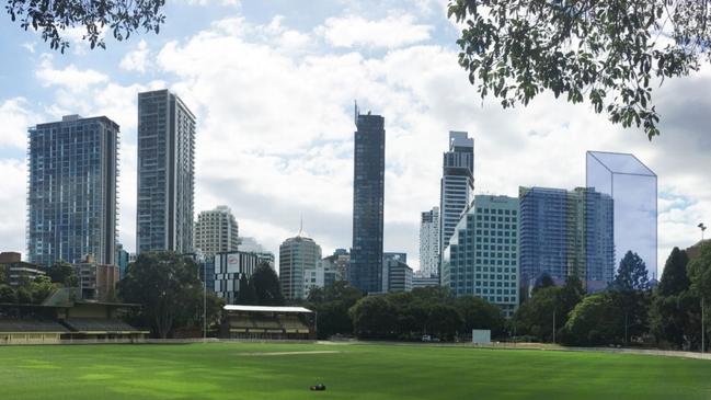 A view of the building, highlighted in blue, from Chatswood Oval.