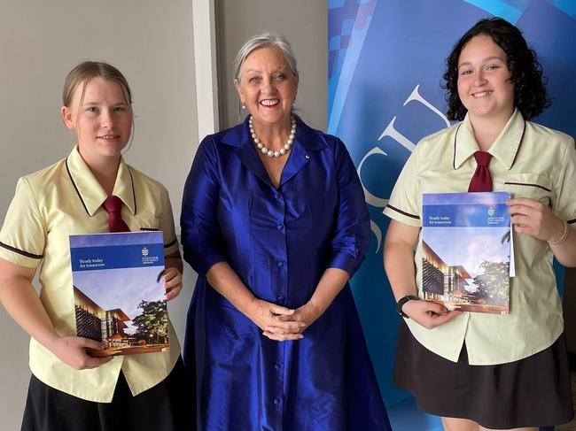 Hollie Staier and Eva Anderson from Clermont State High School with JCU Central Queensland Centre for Rural and Remote Health director Sabina Knight.