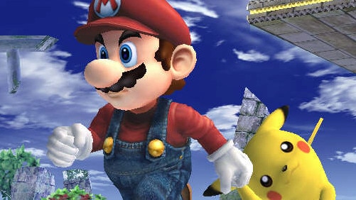 Screengrab from Super Smash Brothers Brawl computer game for Nintendo Wii. Mario and Pickachu - software games /May /2007