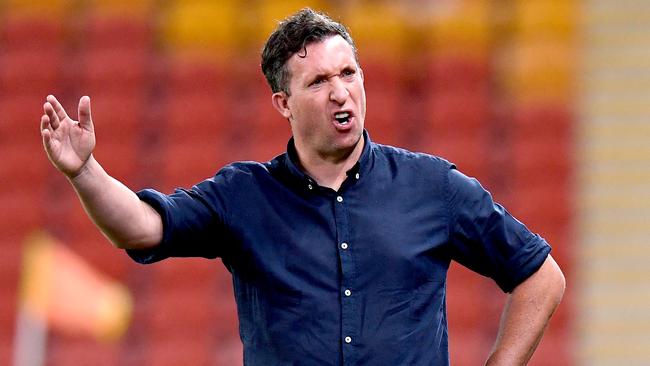 Roar coach Robbie Fowler disputes a refereeing decision. Picture: Getty Images