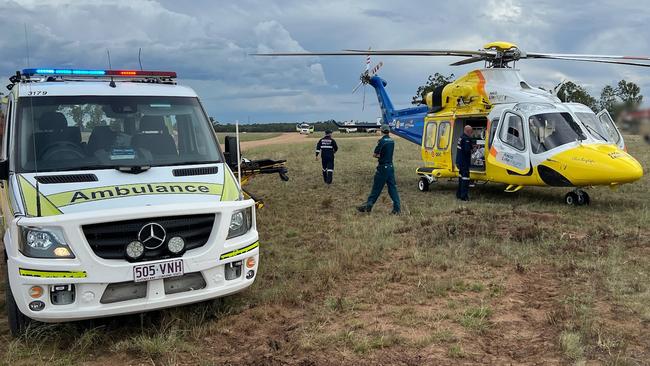 A Maranoa man has been flown to hospital with back and shoulder injuries following a truck pinning him to the ground at his property northeast of Roma. Picture: LifeFlight.