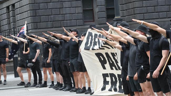 Protest groups give the Nazi salute in front of the Victorian parliament. Picture: David Crosling