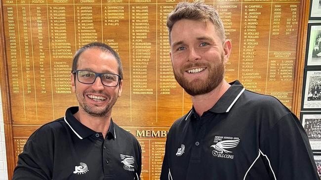 Falcons coach Jeremy Cini with star Brad McKenzie. Picture: Payneham Norwood Union Football Club