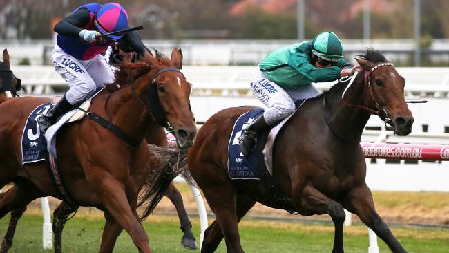 Humidor races past Vega Magic to win the Memsie Stakes. Picture: AAP