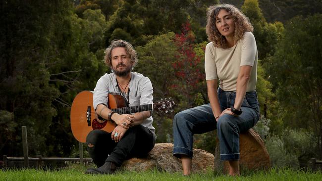 John Butler and Mama Kin (aka Danielle Caruana) play Jenny, from their 2011 side project Brave and the Bird, performed at their home near Margaret River, Western Australia for Review’s Isolation Room – a video series starring top musicians and artistic performers recorded at their homes. Picture: Colin Murty / The Australian.