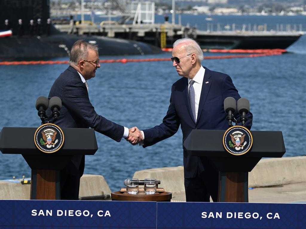 Joe Biden and Anthony Albanese shake hands on the AUKUS submarine deal. Picture: Tayfun Coskun/Anadolu Agency via Getty Images