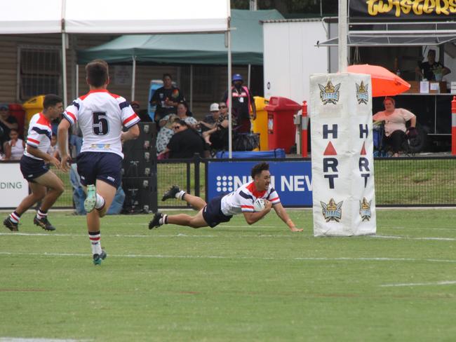 FIRST TRY: Central Coast IRooster number 22 Tyreece Arama scored the first try in the U16s game between the Northern Rivers Titans and the Central Coast Roosters at Oakes Oval,  Lismore on February 27, 2021. Photo: Alison Paterson