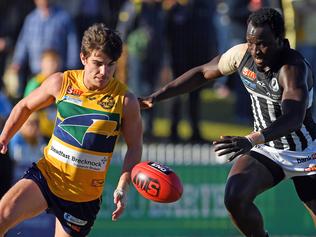 01/07/17 - SANFL: Eagles v Port Adelaide at Woodville Oval.  Eagles Jake Johansen and Port's Emmanuel Irra compete for the ball.Picture: Tom Huntley