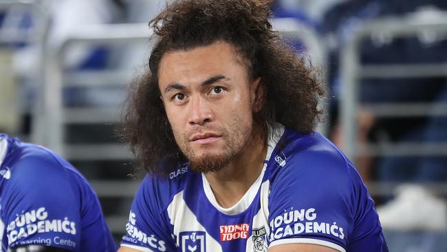 SYDNEY, AUSTRALIA - MAY 12:  Josh Reynolds and Raymond Faitala-Mariner of the Bulldogs look on from the bench during the round 11 NRL match between Canterbury Bulldogs and New Zealand Warriors at Accor Stadium on May 12, 2023 in Sydney, Australia. (Photo by Brendon Thorne/Getty Images)