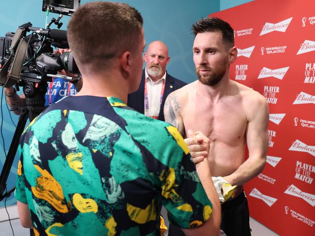 Cam Devlin had managed to get his hands on one of Messi’s shirts earlier. Picture: Mark Metcalfe – FIFA/FIFA via Getty Images