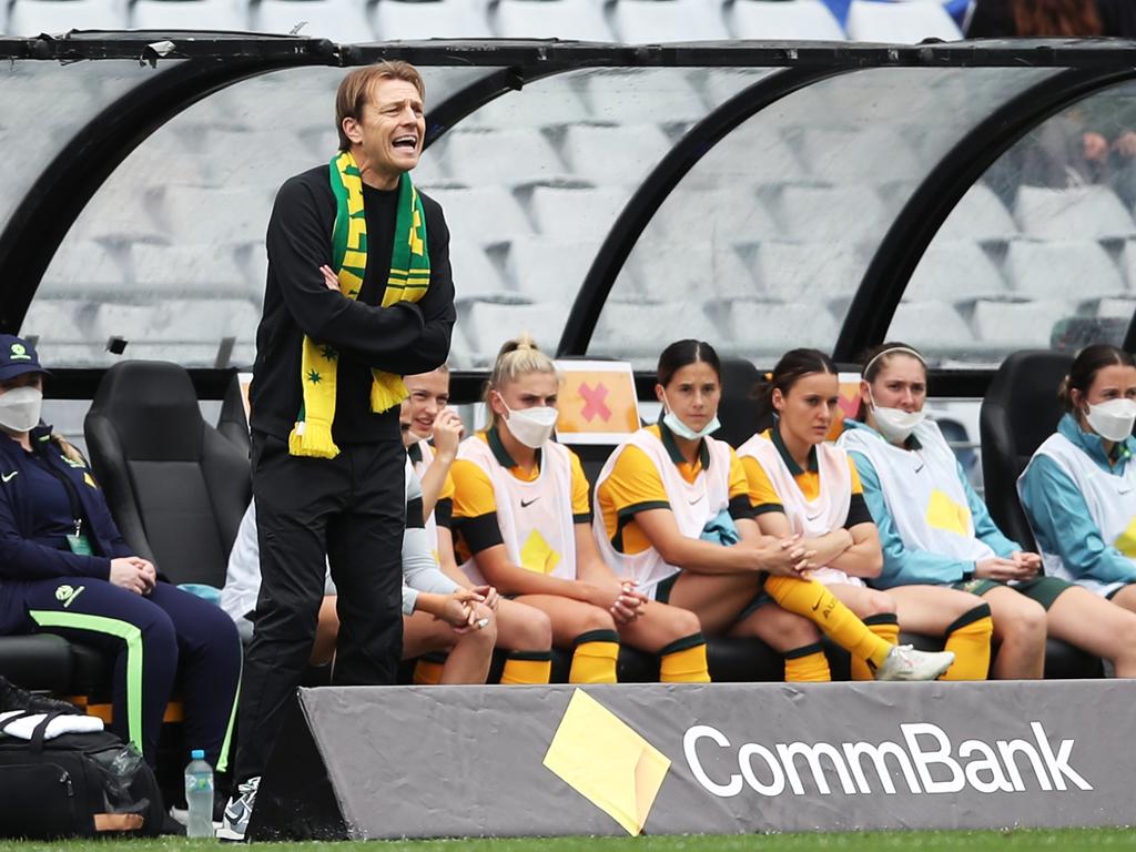 Matildas coach Tony Gustavsson urges on his players at Stadium Australia. Picture: Matt King / Getty Images